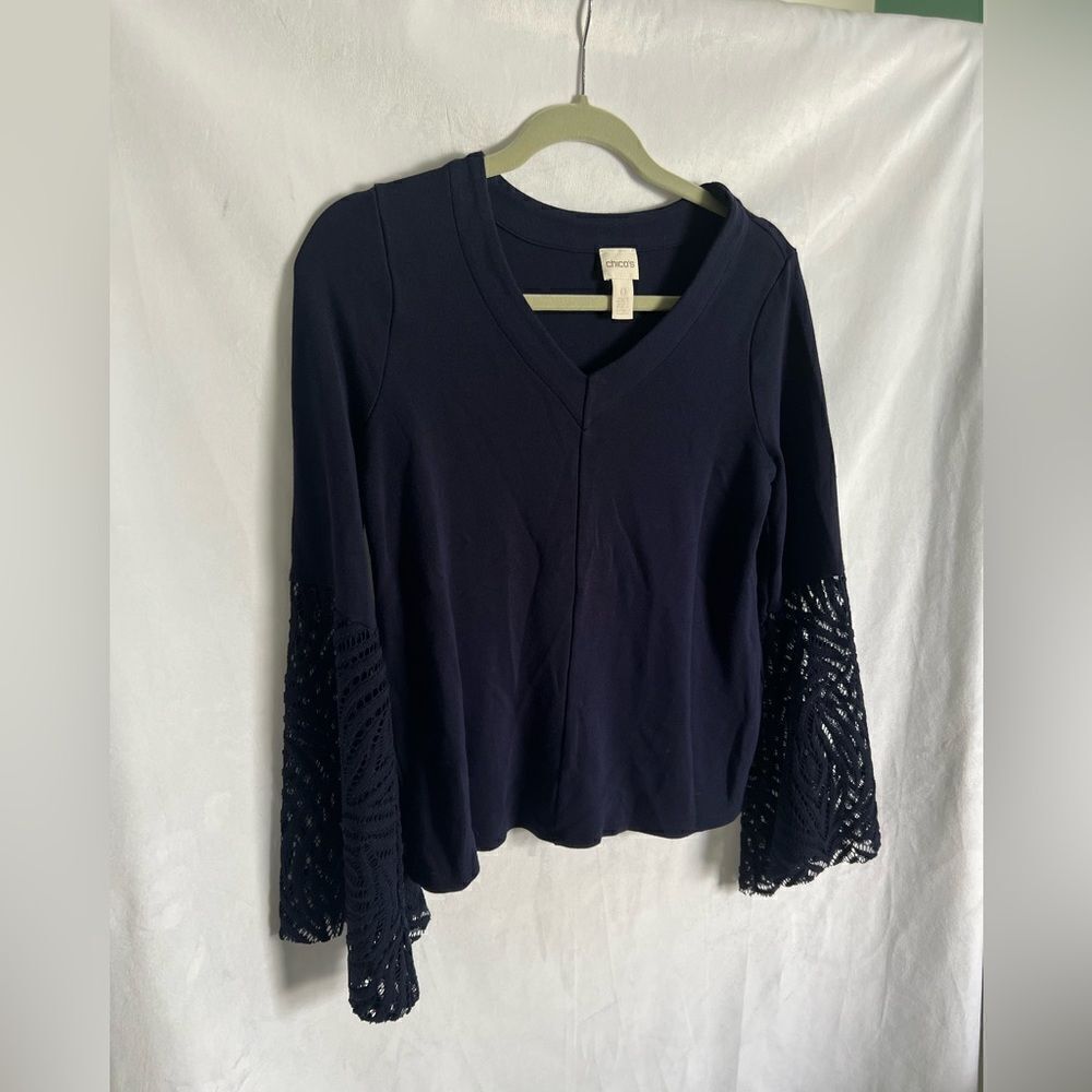 Chico's Navy Blue lace Bell Sleeve Blouse Size 0 Small Boho V Neck - Picture 2 of 6